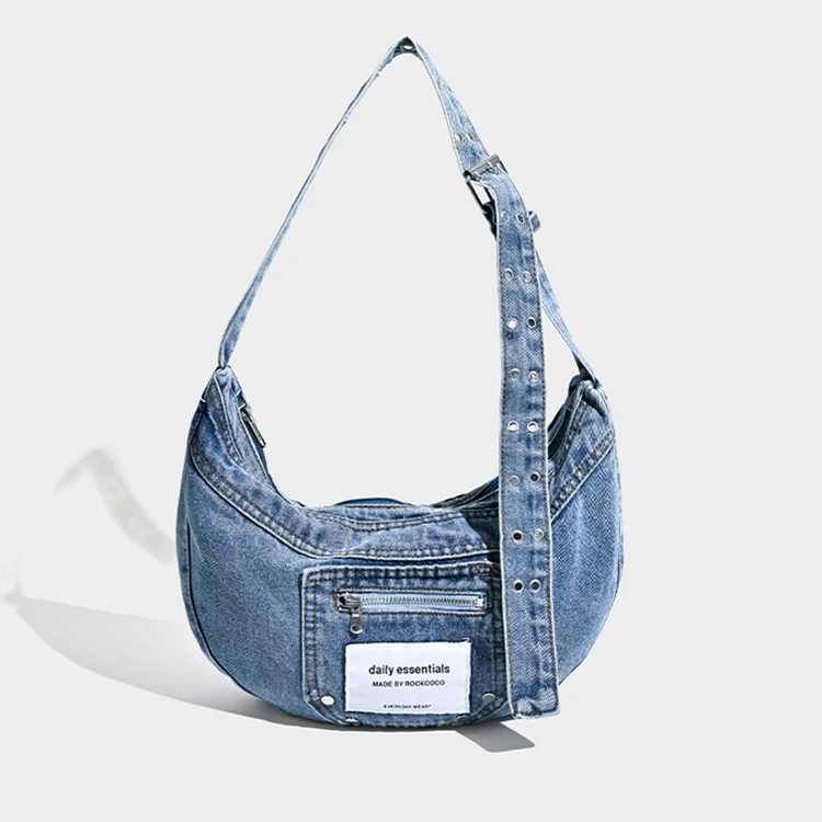2024 Vintage Casual Hobo Cowboy Bag Custom Logo Crescent Crossbody girl Portable Denim Fabric Handbag for Spring Summer Winter