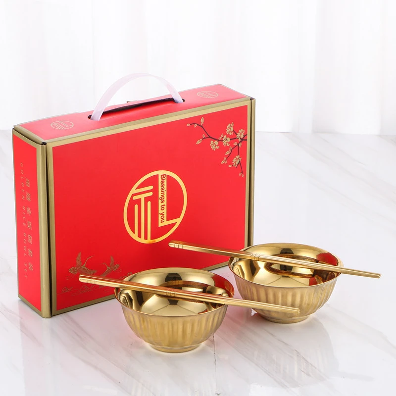 Ready to ship golden stainless steel  bowls set with chopsticks