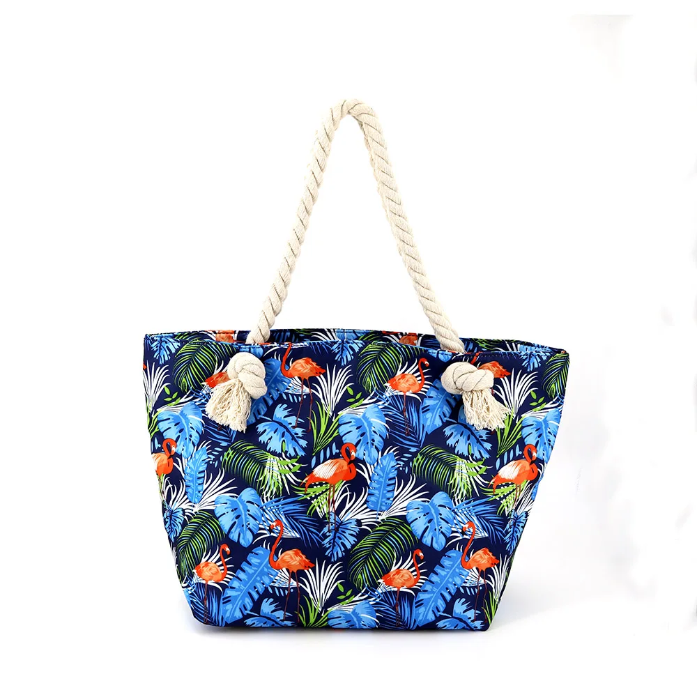 Customized Fashion Elements Flamingo Pattern Digital Printing Thick Rope Cotton Canvas Beach Bag