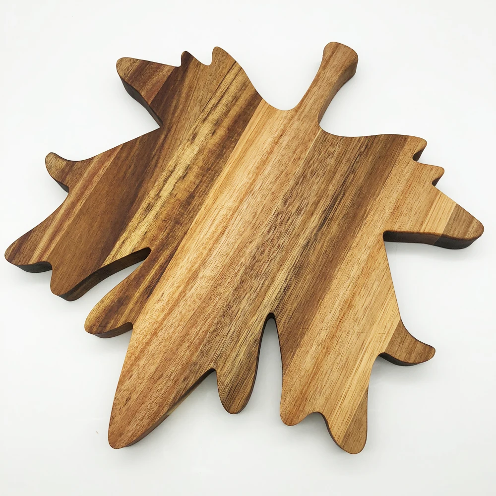 Factory Wholesale Practical Leaf Shape Acacia Chopping Board With Handle Wood Cutting Boards