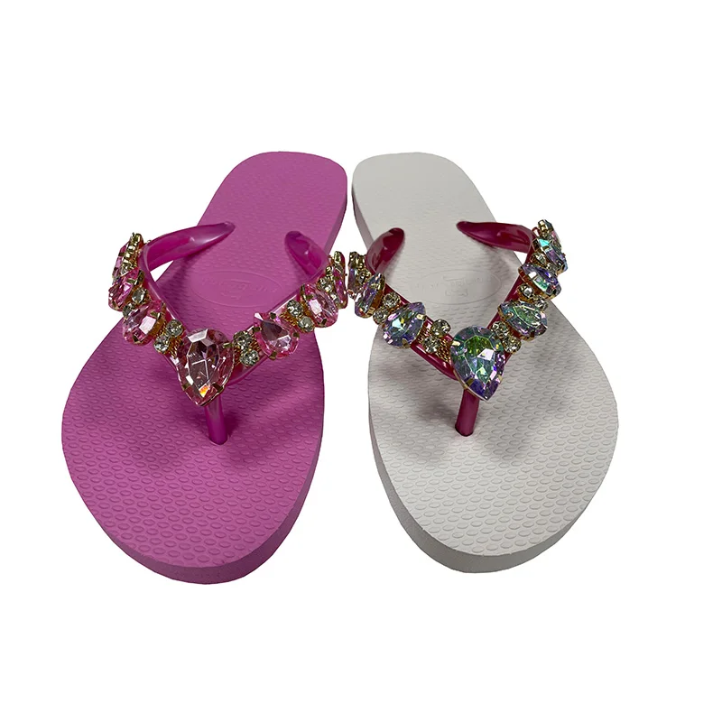 Latest design ladies gemstone slippers flats slippers dazzling rhinestones flip-flops slippers