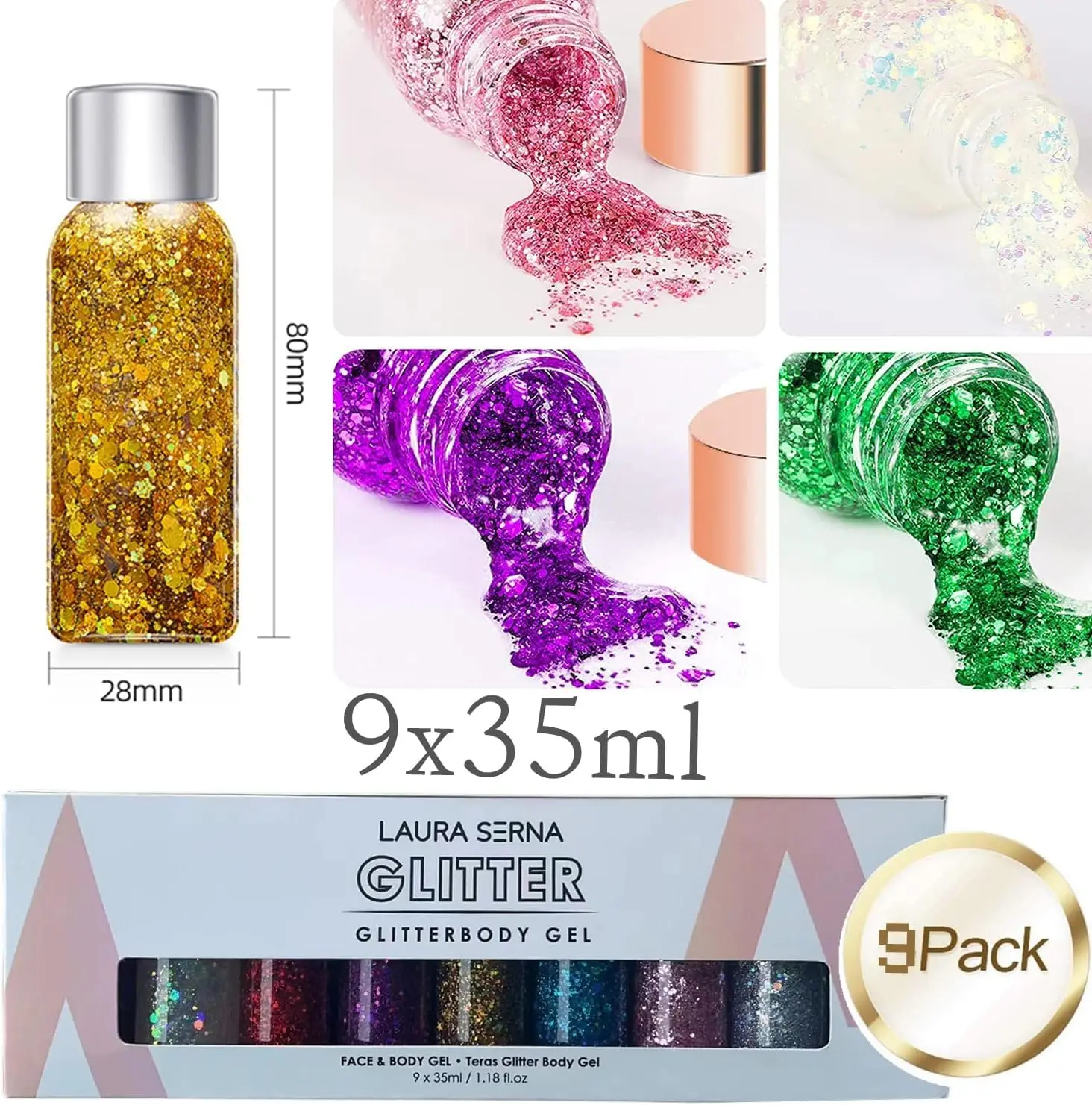 9 Pack Body Glitter Gel Mermaid Sequin Chunky Glitter Face Hair Nail Lip Lasting Sparkling Lotion Glitter Liquid Eye