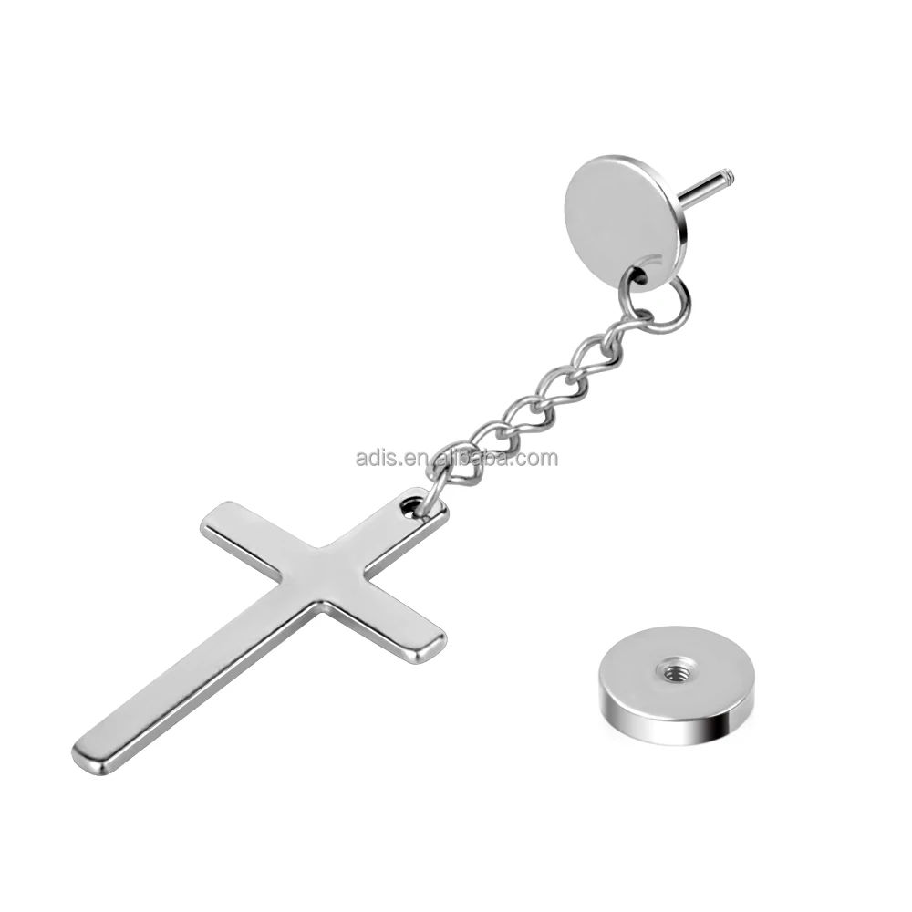 Hot Selling Stainless Steel Ear Plug With Chain Crucifix Body Jewelry Piercing Ear Tunnel For Men Women