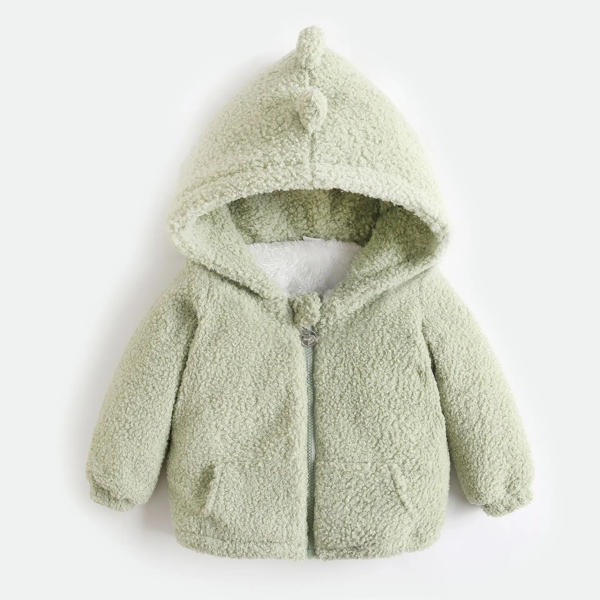 quality custom logo designer Cute lint-free baby plush coat outwear dinosaur shape softshell kids fur fleece hoodie jacket