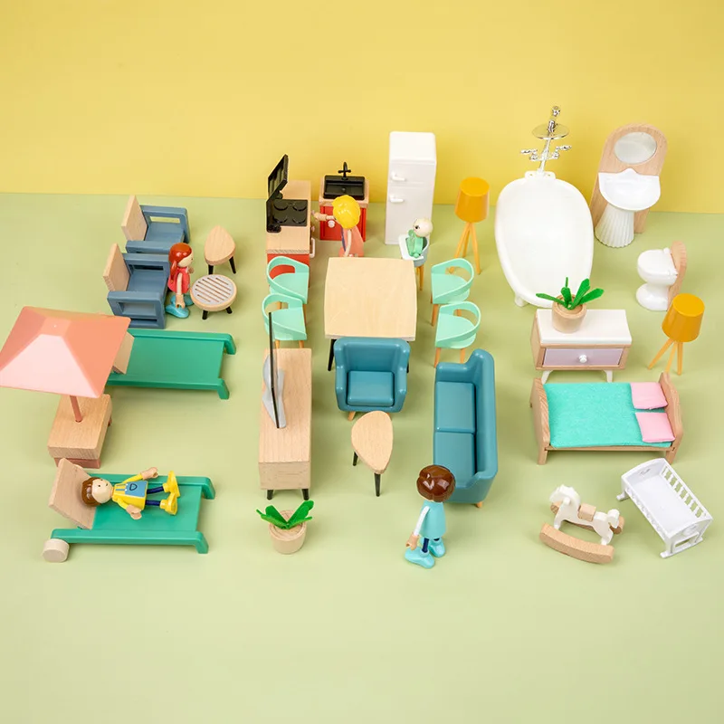 Wooden Dollhouse Furniture Set 40pcs Furnitures with 4 Family Dolls Dollhouse Accessories Pretend Play Toys for Boys Girls