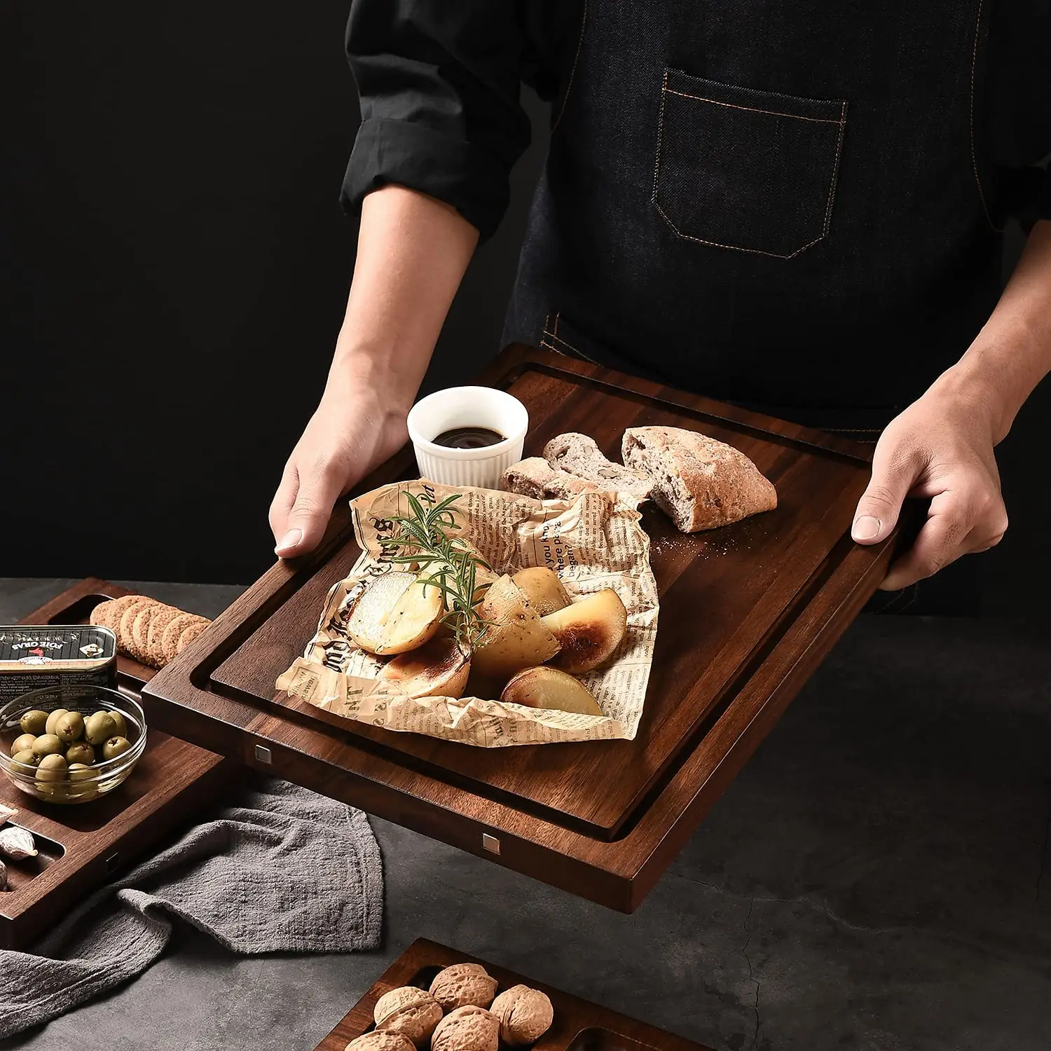 Hotel Restaurant Long Large Charcuterie Cheese Cutting Board Natural Shape Long Wood Blank Acacia Cheese Board Set