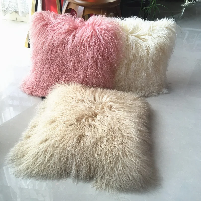 100% Real 40*40cm white color Mongolian lamb fur cushions long soft curly hairs Tibetan sheepskin wool