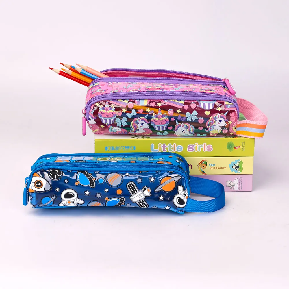 wholesale  2 zipper pencil case school pencil case bag for kids cute canvas pvc pencil case with handle