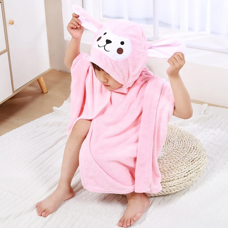 Cartoon Animal Kids Soft Fast Absorbing Microfiber Coral Fleece Baby Hooded Bath Wrap Baby Towel
