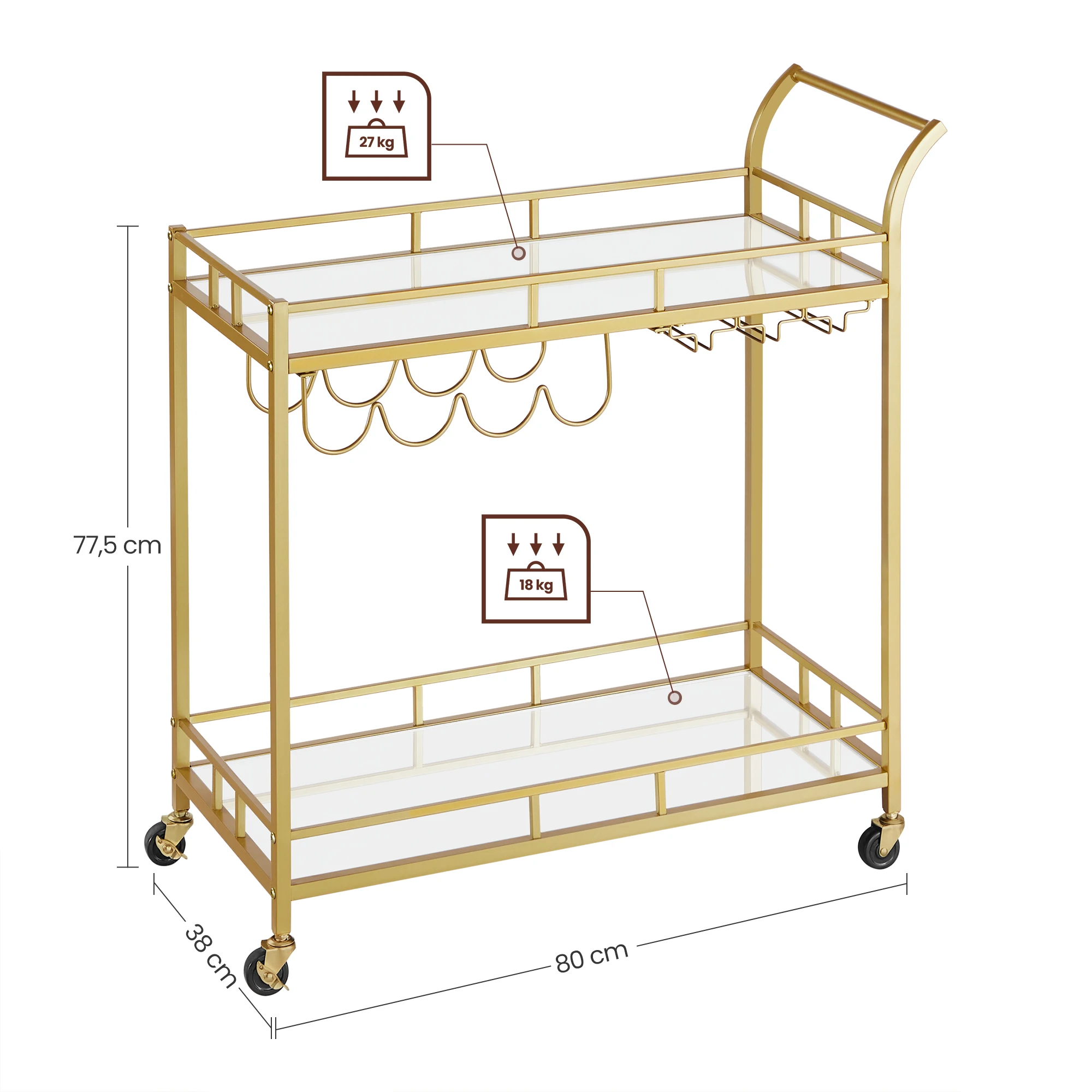 VASAGLE Home Glass bar Cart Trolley Hotel Serving Luxury With Wine and Holders Gold champagne Mobile