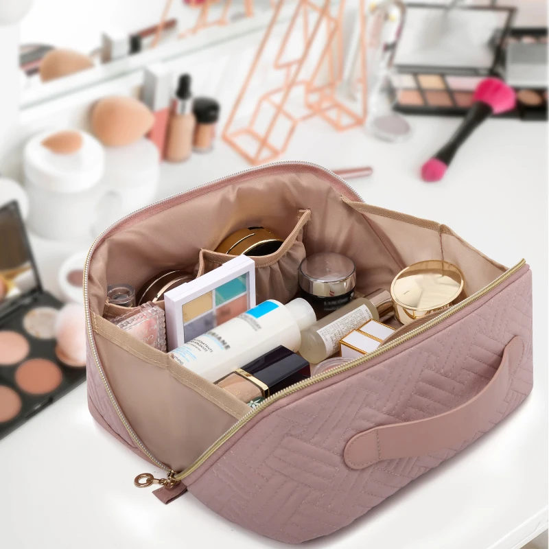 Large Capacity Travel Custom Toiletry Cosmetic Bag Flat Big Makeup Bag For Women Portable Waterproof Pu Leather Skincare Bag