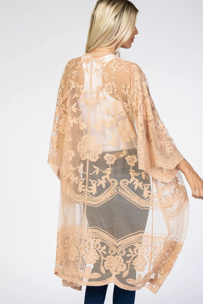 Lace Cover-ups Sun Protection Women Clothing Summer Embroidery Sheer Beach Style White Holiday Open Stitch Kimono