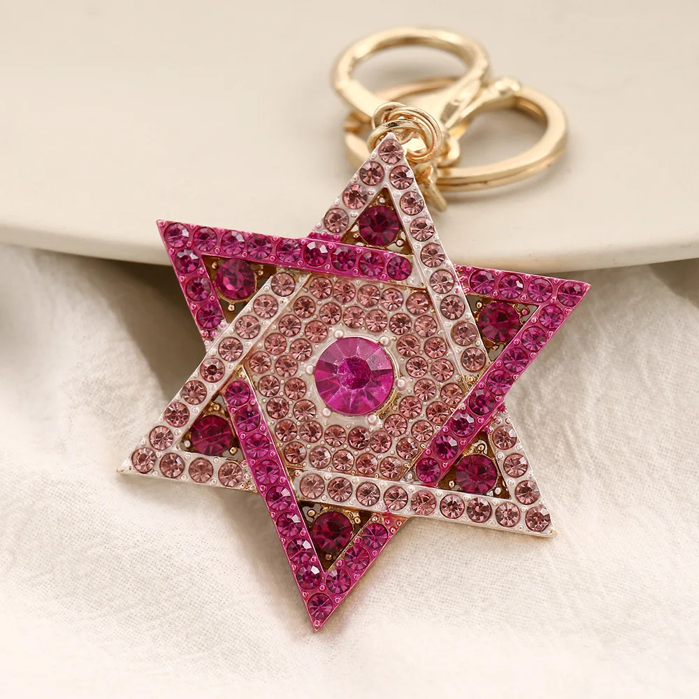 David Star Keychain Jewish Six Star Key Ring Metal Diamond Jewelry Hanukkah Festival Hang Chain Gift