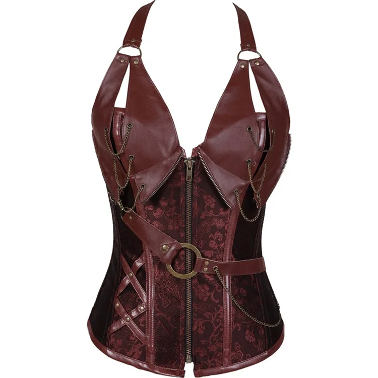 14 Steel Boned Halter Women Plus Size Leather Corset Top Chain Sexy Performance Steampunk Zipper Bustier Top with Belt