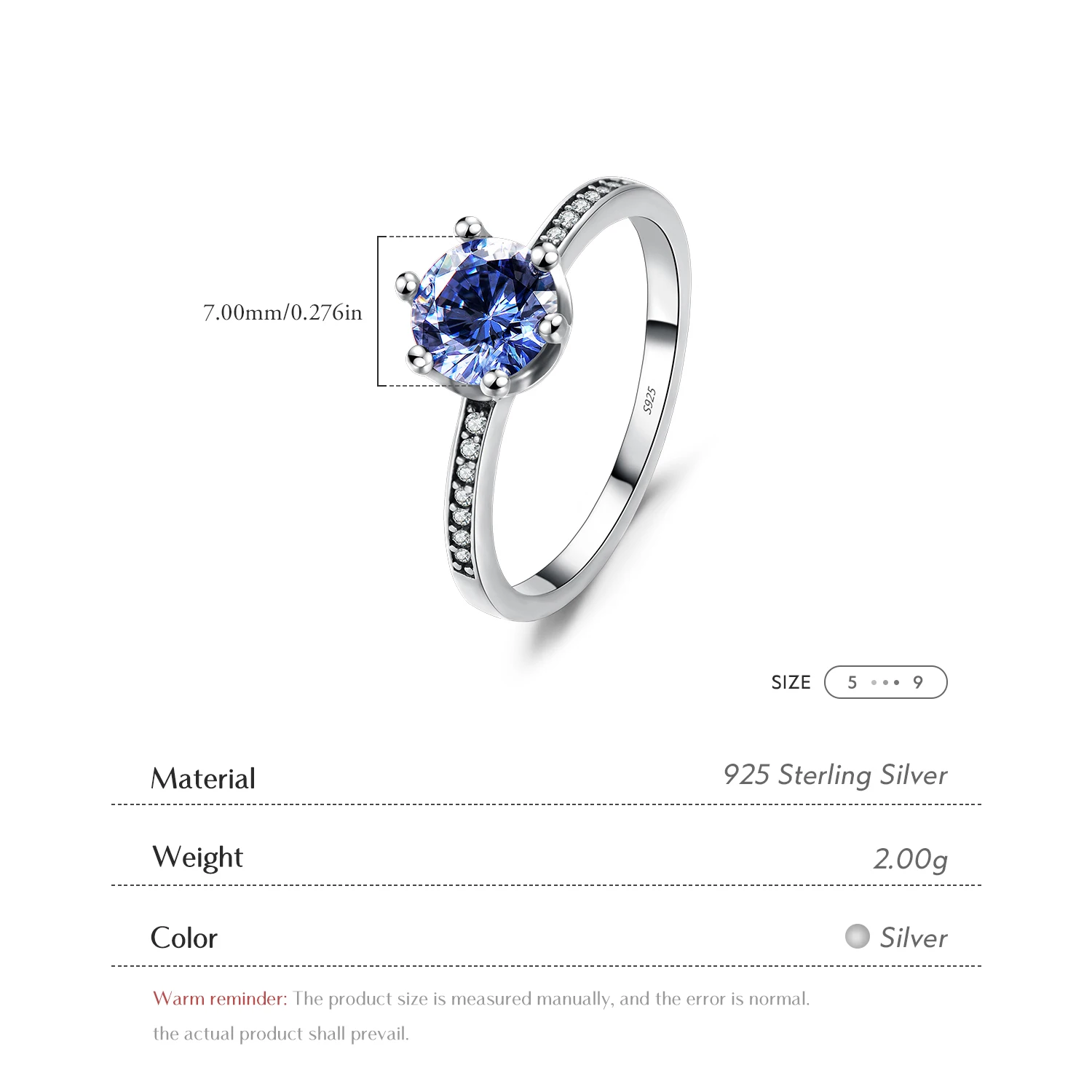 Genuine 925 Sterling Silver Delicate Charming Round Blue Zircon Finger Rings For Women Fine Jewelry Accessories