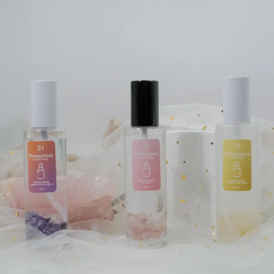 Private Label Room Spray Glass Bottle Sprayer Crystal Infused Aroma Home Fragrance Room Spray