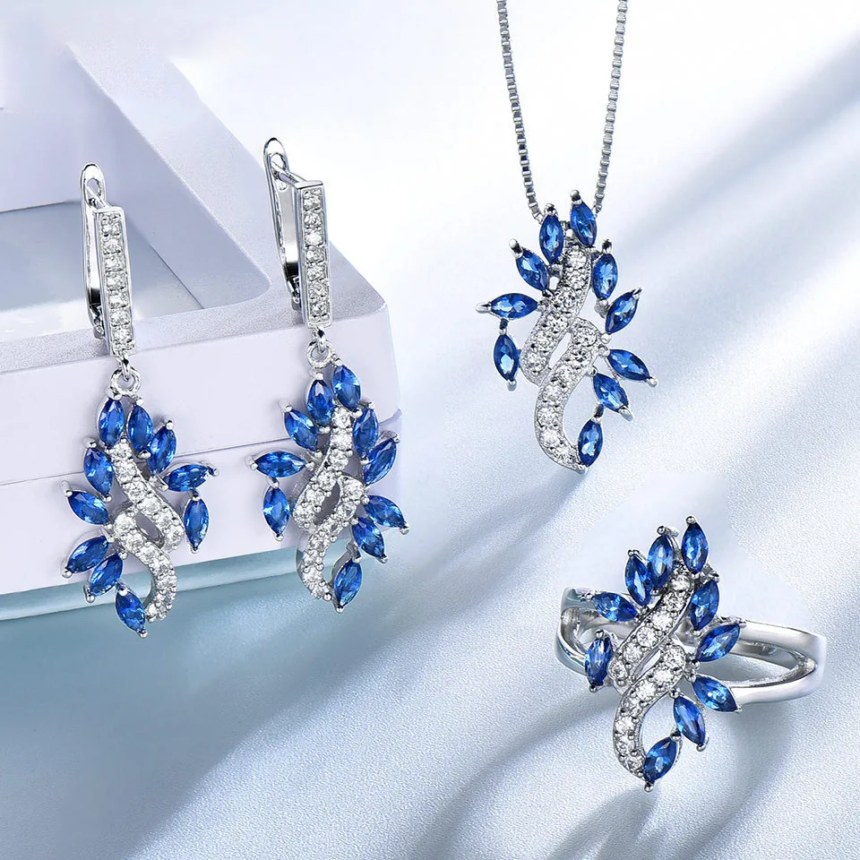 Fine jewelry charm sapphire 925 sterling silver necklace ring earrings jewelry sets for lady