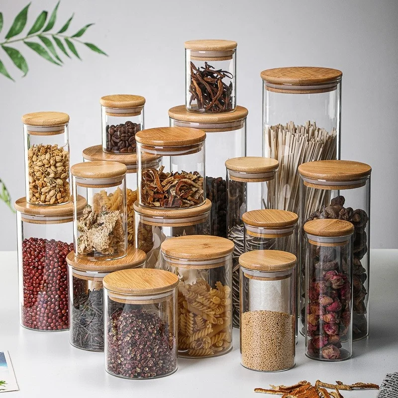 ODM/OEM home and kitchen food storage containers glass storage spice jar With Airtight Bamboo Lid Borosilicale Clear Glass Jar