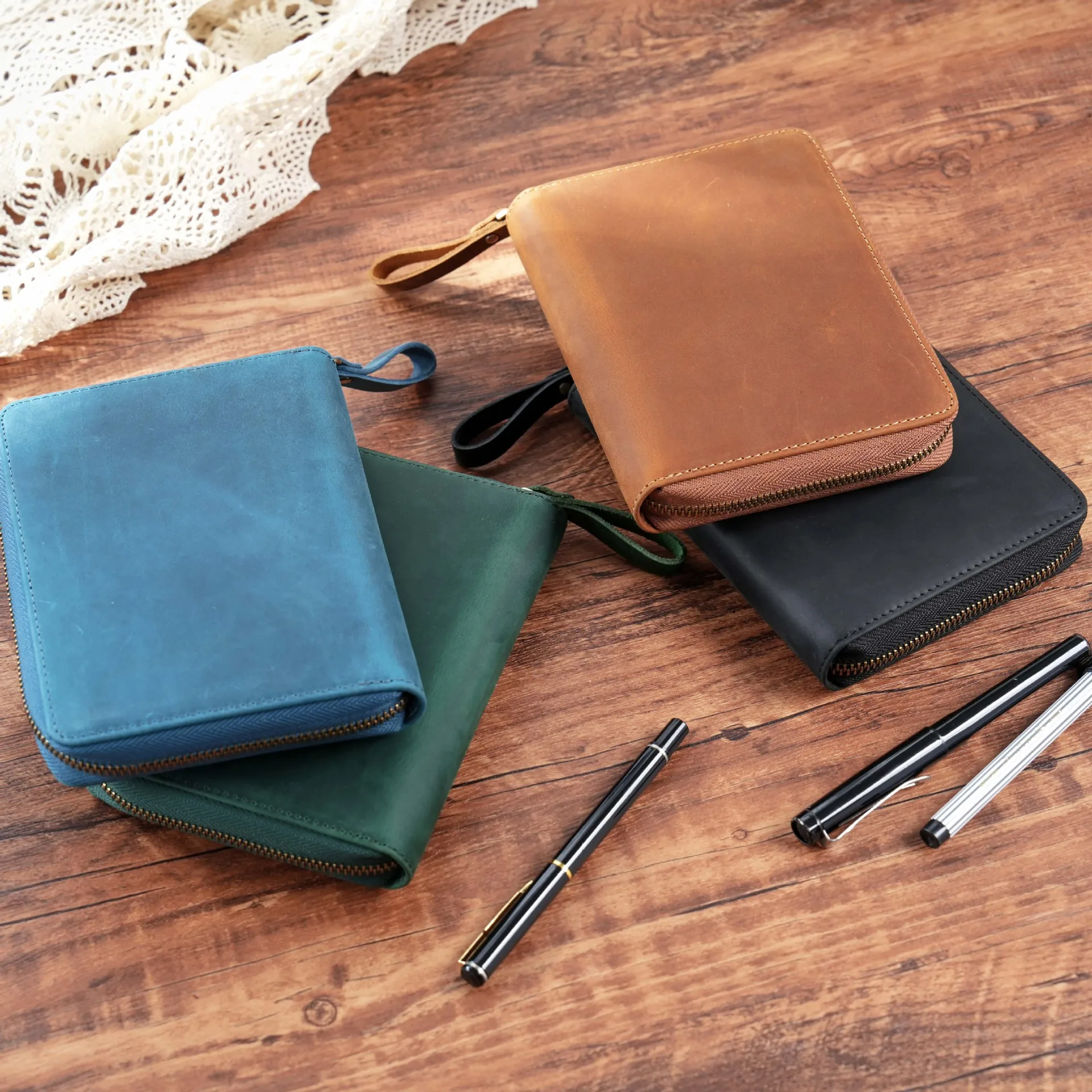 A6 Genuine Leather Notebook With Pen Holders Zipper Bag Journal Diary Writing Note book Laser Engrave Custom LOGO Promotion Gift