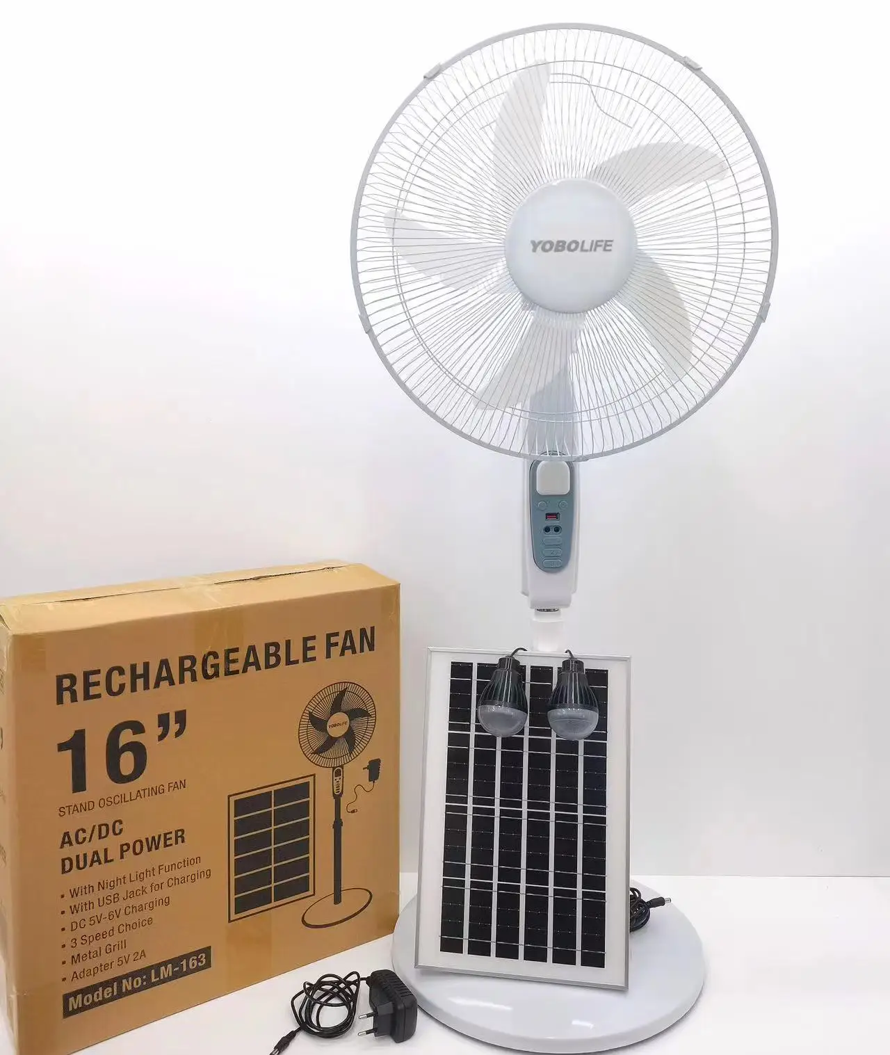 HOT Selling GOOD Price 16 Inch AC/DC Operated Rechargeable LiFePO4 Battery Stand Solar Fan  With LED Light