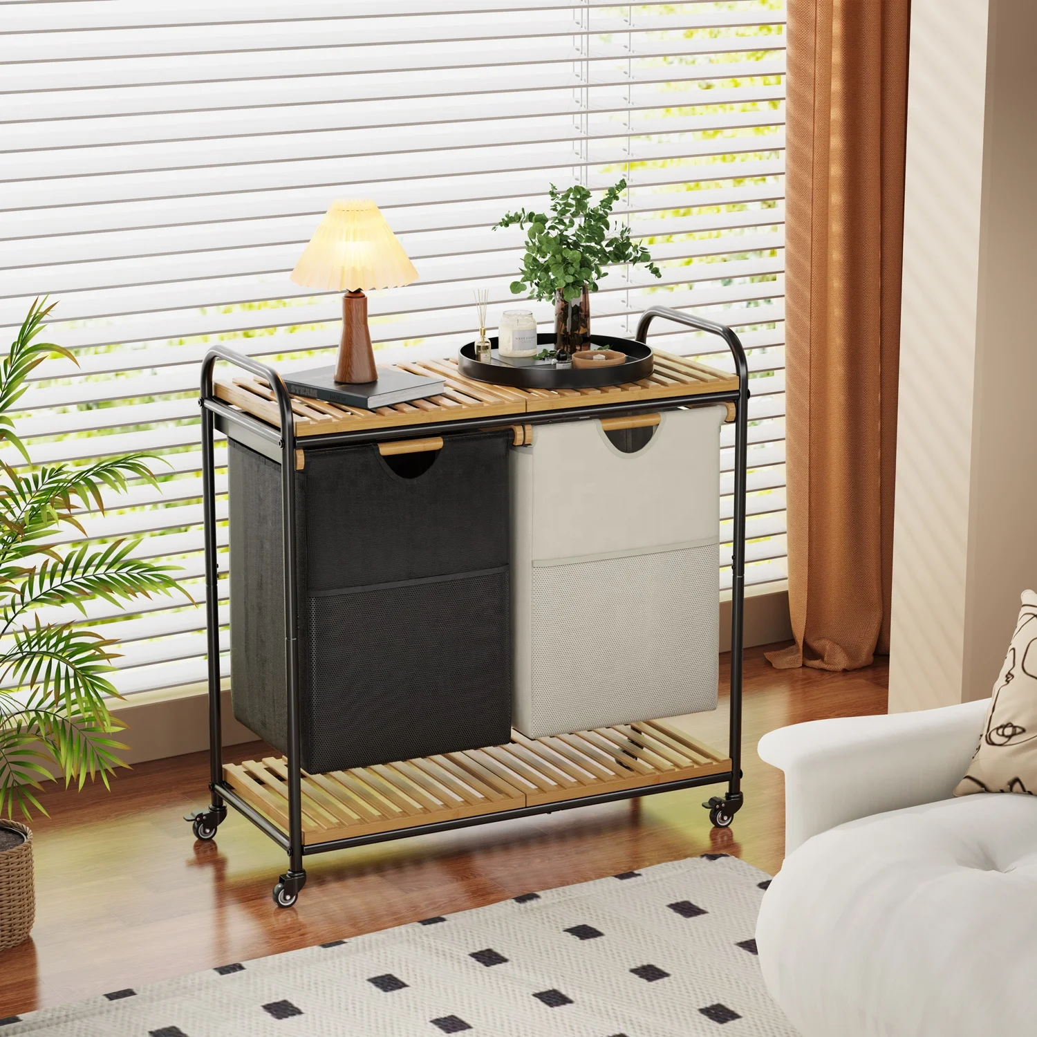 Bamboo Laundry Basket With Wheels Tall Laundry Sorter With 2 Pull Out Removable Bags and Shelves Bamboo Rolling Laundry Hamper