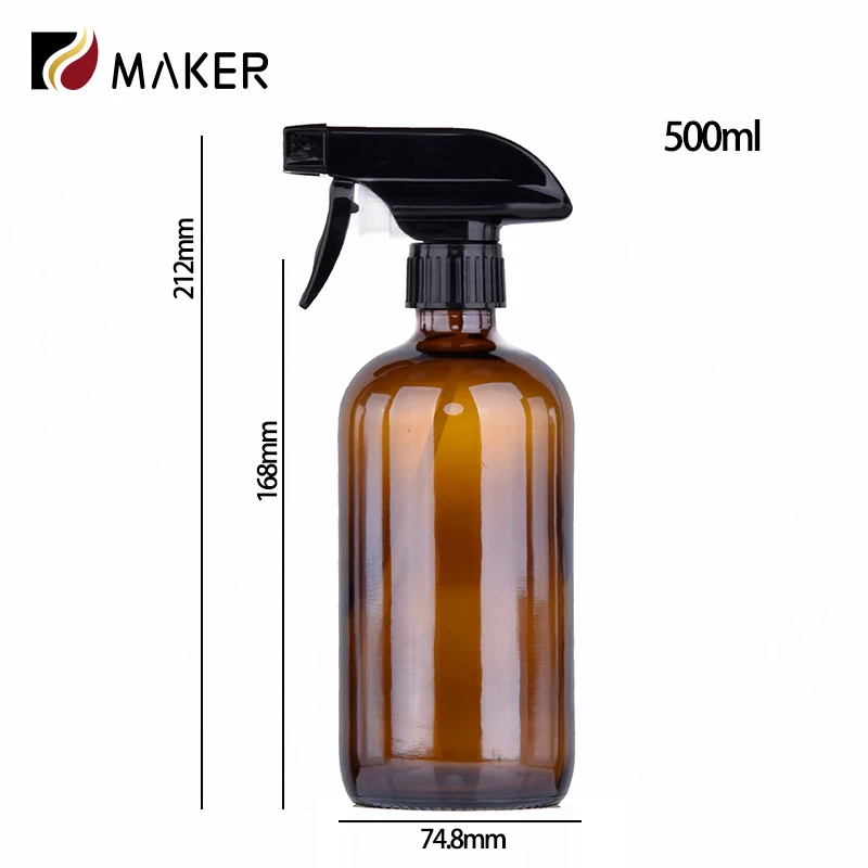 500ml amber brown boston round refillable shampoo dispenser lotion glass spray bottle with trigger sprayer pump for liquid soap