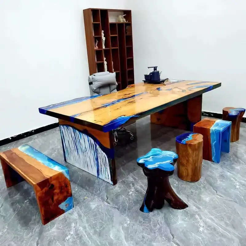 Home Furniture Factory Direct Solid Walnut Wood Restaurant Kitchen River Epoxy Resin Slab Dining Table