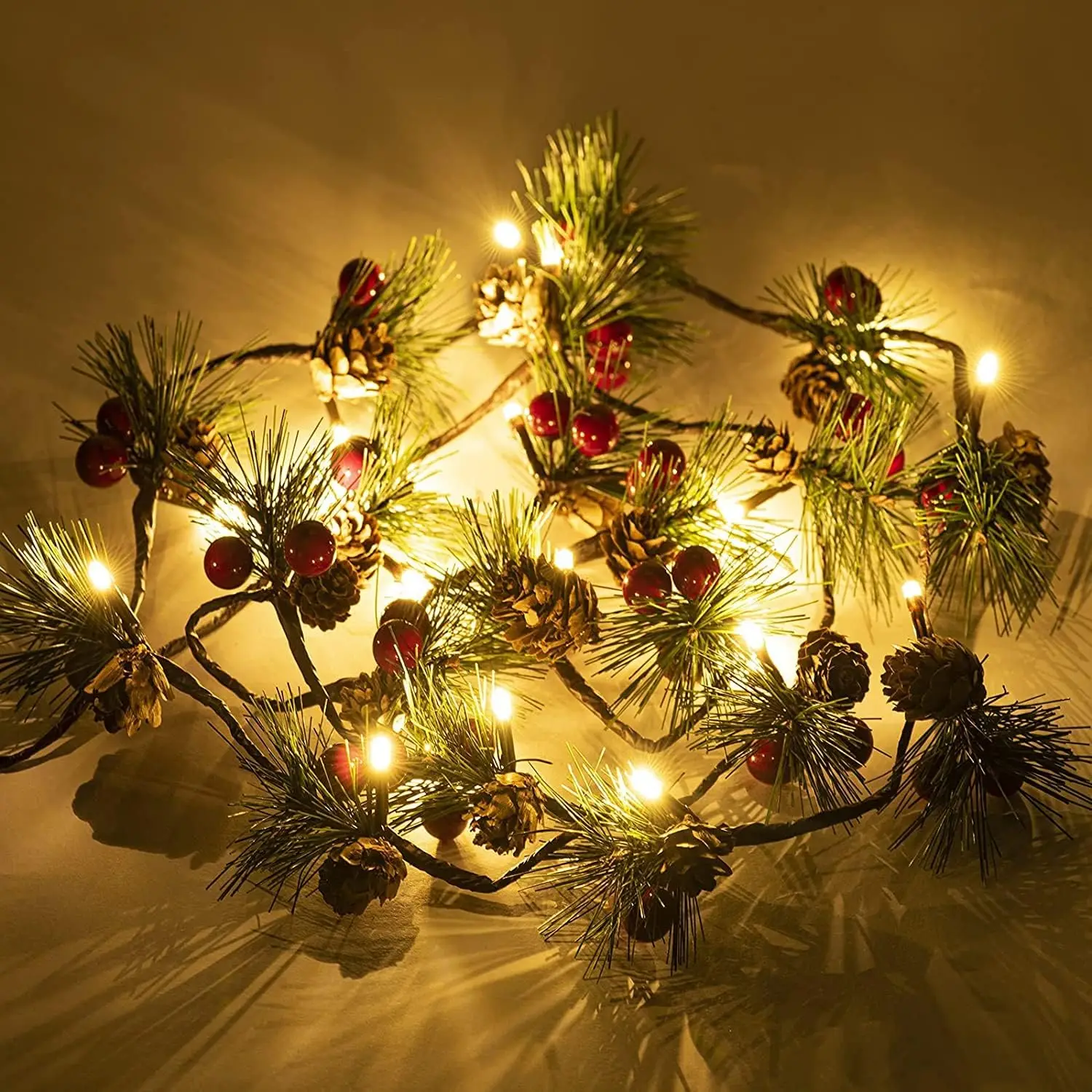 Pine Cone Christmas String Lights 20 LED Battery Operated Christmas Garland with Red Berry Fairy String Lights for Xmas