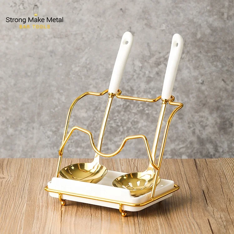 New arrival Gold stainless steel 304 Korean hot pot soup slotted spoon long handle large household Spoon rest with lid holder