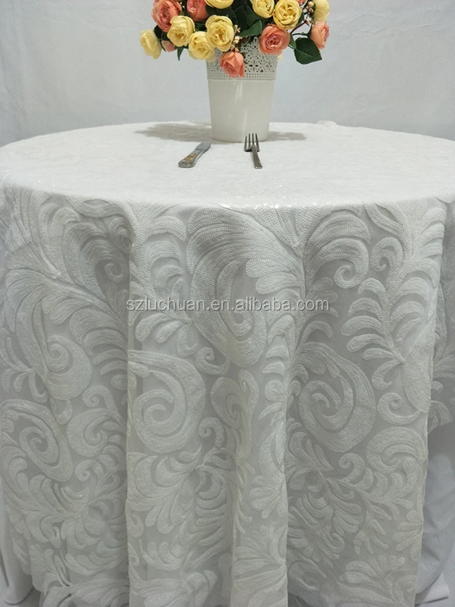 Customized Size White Round Lace Sequins Wedding Table Cloth
