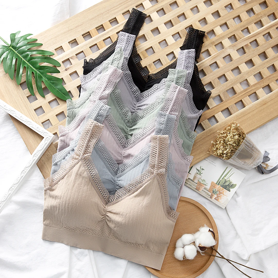 
Women V-Neck High Elastic Lace Strap Soft Thailand Latex Padding Wireless Seamless Sport Bra Bralette Crop Top Chest Wrap 