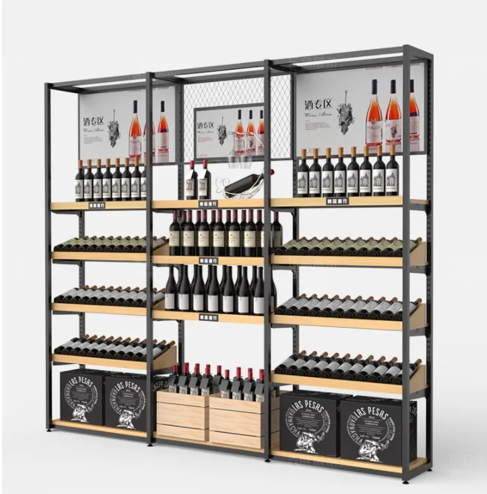 supermarket wooden Vin rouge display cabinet,red wine display rack for retail store