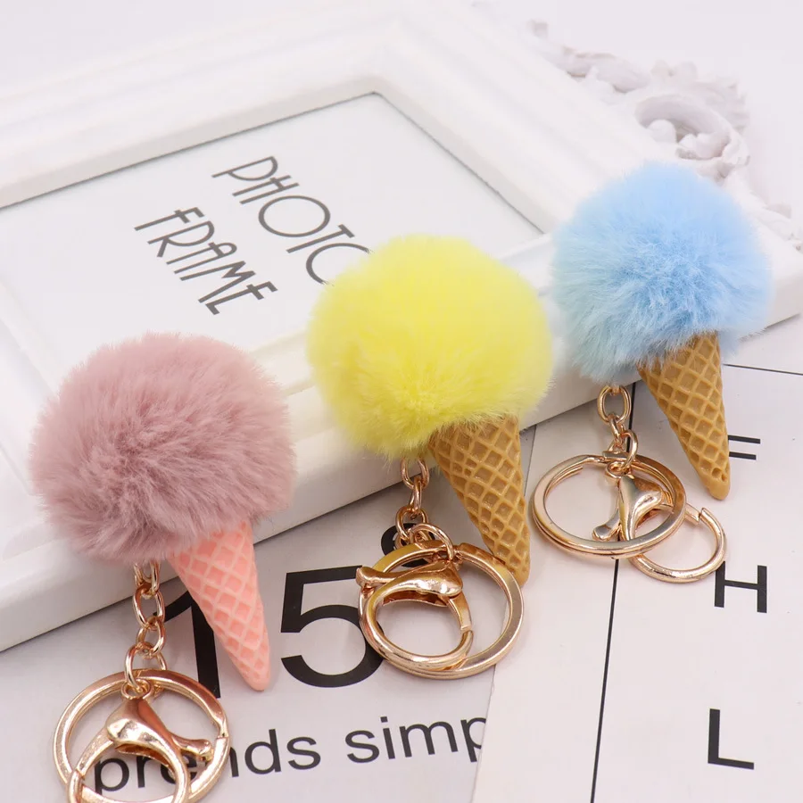 Ding Yi wholesale Fur Puff Key holder Ball Shape colorful Pom pom kids Ice cream Keychain