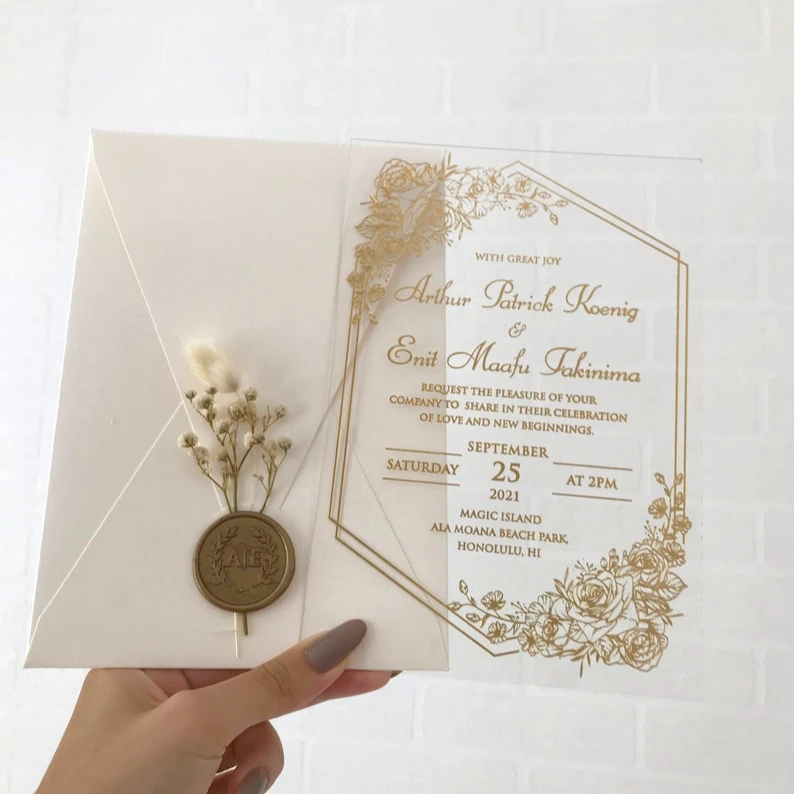 Invitaciones De Boda Custom Card Envelope Wax Seal Dried Flowers Clear Acrylic Wedding Invitations