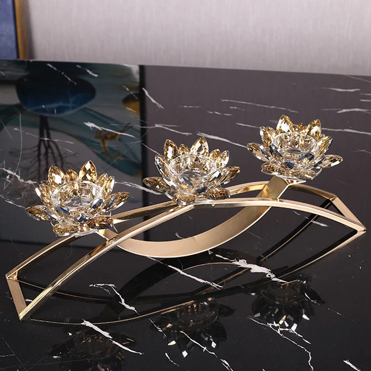 3 Arms Golden Crystal Lotus Tealight Candle Holders Crystal Lotus Flower Pillar Candle Stands for Table Centerpiece