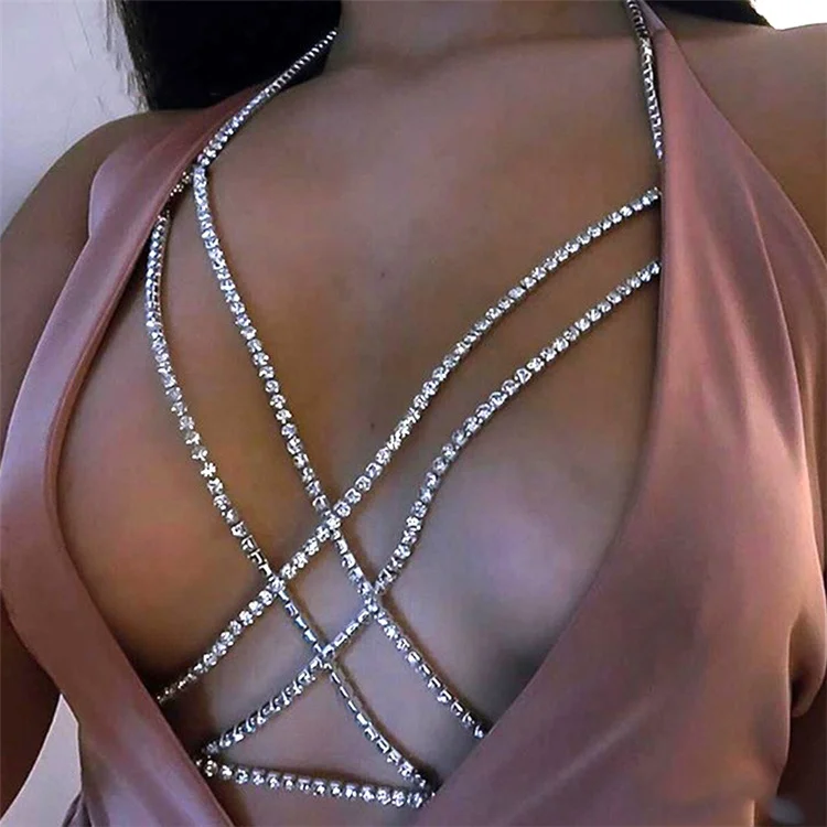 
Bohemian Beach Sexy Women Rhinestone Cross Chest Chain Crystal Bra Body Necklace Choker Jewelry 
