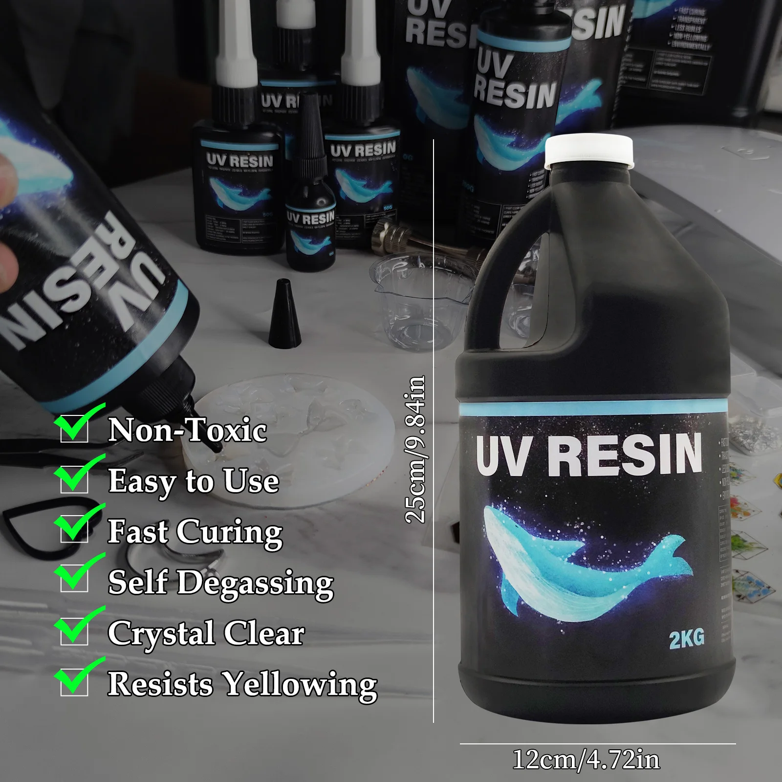 2000g UV Resin Kit Crystal ClearKit Keychain Making Kit Making Kit Cure with UV Lamp and Sunlight