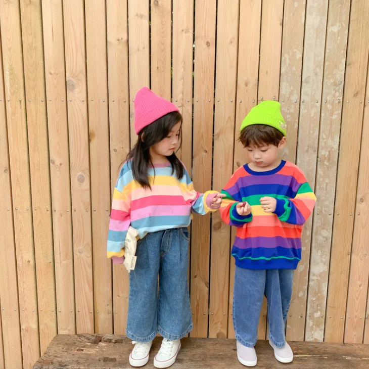 
YY10251G New arrival girls rainbow color kids long sleeve stylish loose fit hoodie 