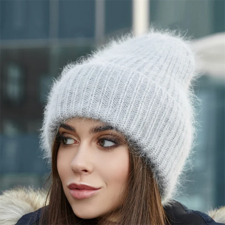 Custom Angora Wool Knit Hat Fluffy Angora Beanie Girls Grey Winter Wool Knitted Slouchy Hat