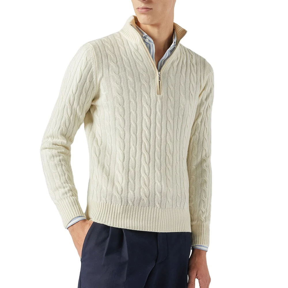 Mens Quarter Zip Up Mock Neck cashmere Sweater Casual Long Sleeve Knitted Pullover Sweaters With Ribbing Edge