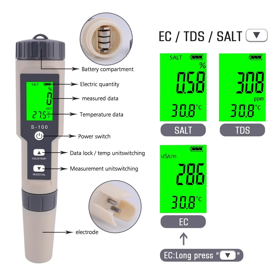 M2U S-100 4 in 1EC TDS temp and Salinity meter salinity measurement instrument with backlight