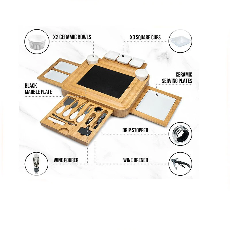 Bamboo Cheese Board and Knife Set with Charcuterie Board Serving Tray Stainless Steel Knife Thick Wooden Server With Bowls