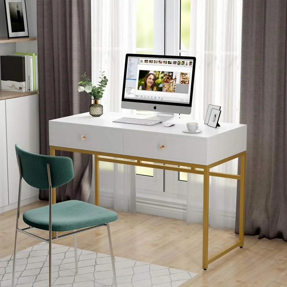 White high gloss home office writing desk computer laptop table  with two drawers