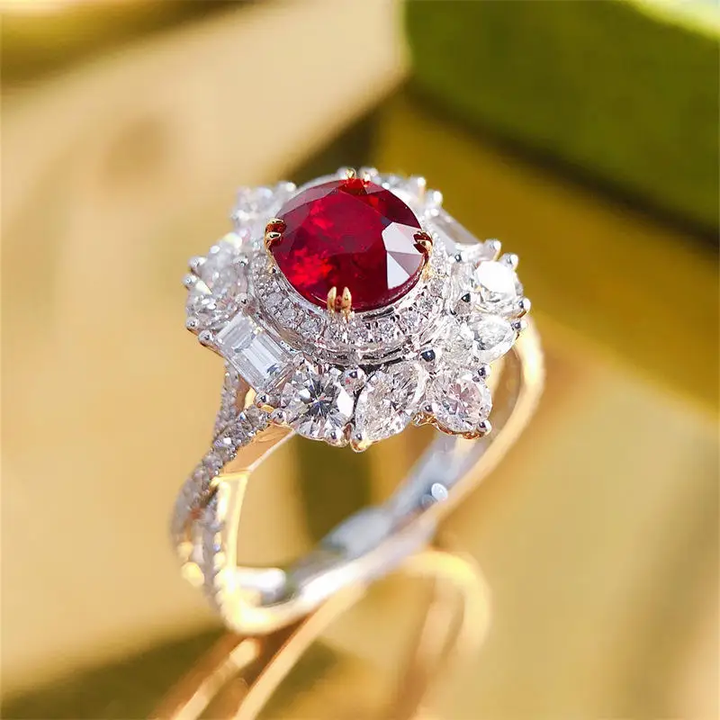 Royal Fine Jewelry Supplier Ruby Ring Gold Trendy Europe Natural for Women South Africa Real Diamond 0.9ct Pigeon Blood Red 18k