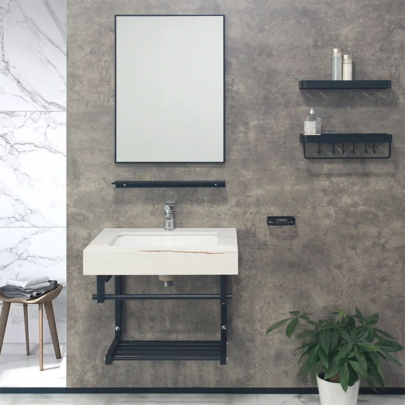 Modern Simple Black Aluminum Framed Mirror White Stone Wall Mount Floating Bathroom Vanities Cabinet