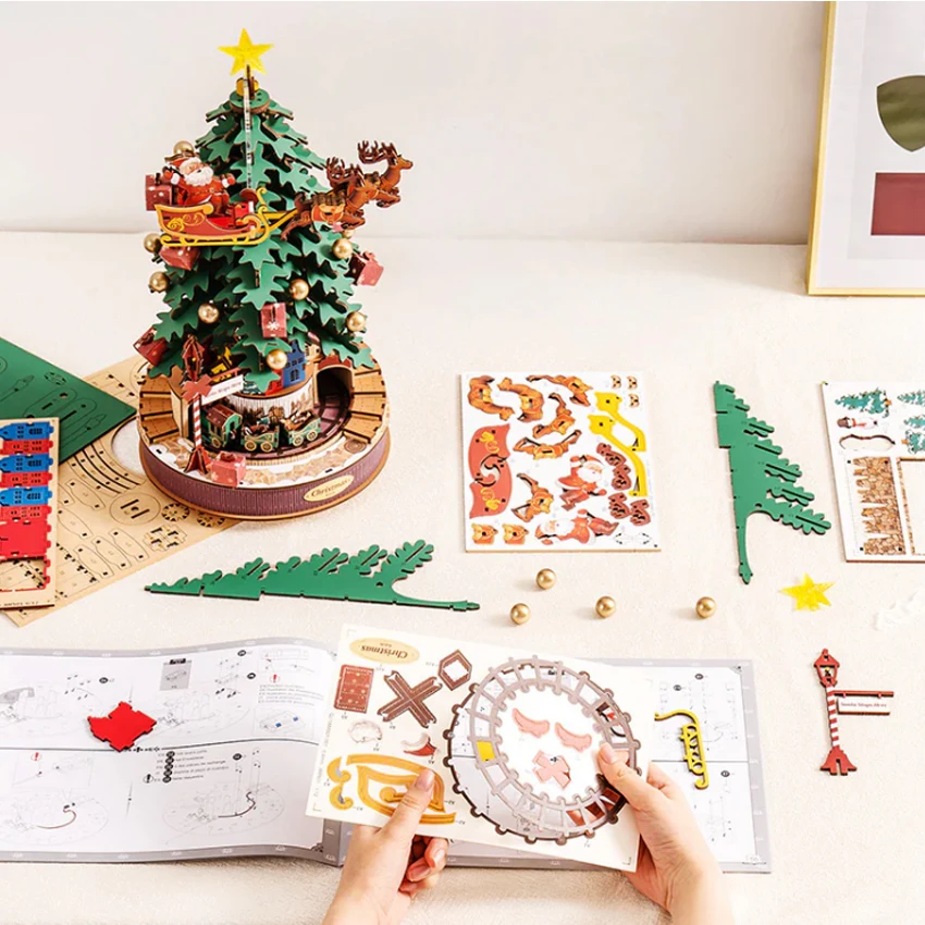 Robotime Rolife 3D Wooden Puzzles AMS01 Christmas Melody Tree Music Box DIY Wood Crafts Christmas Gifts For Kids