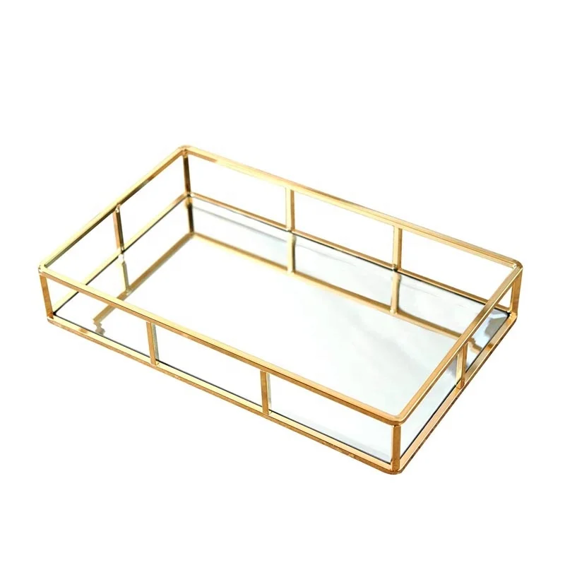 Мебель на заказ, оптовая продажа, декоративный стол, розовое золото, прямоугольный металлический зеркальный поднос для хранения духов