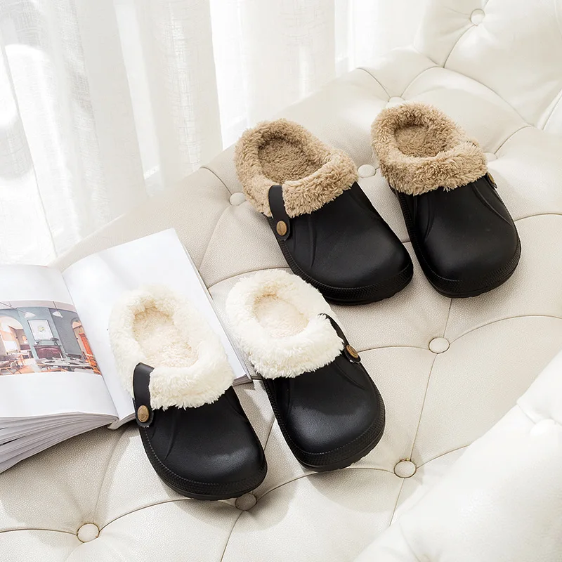 High Quality Waterproof Slippers Women Men Fur Lined Clogs Winter Garden Shoes Warm House Slippers Indoor Outdoor Mules