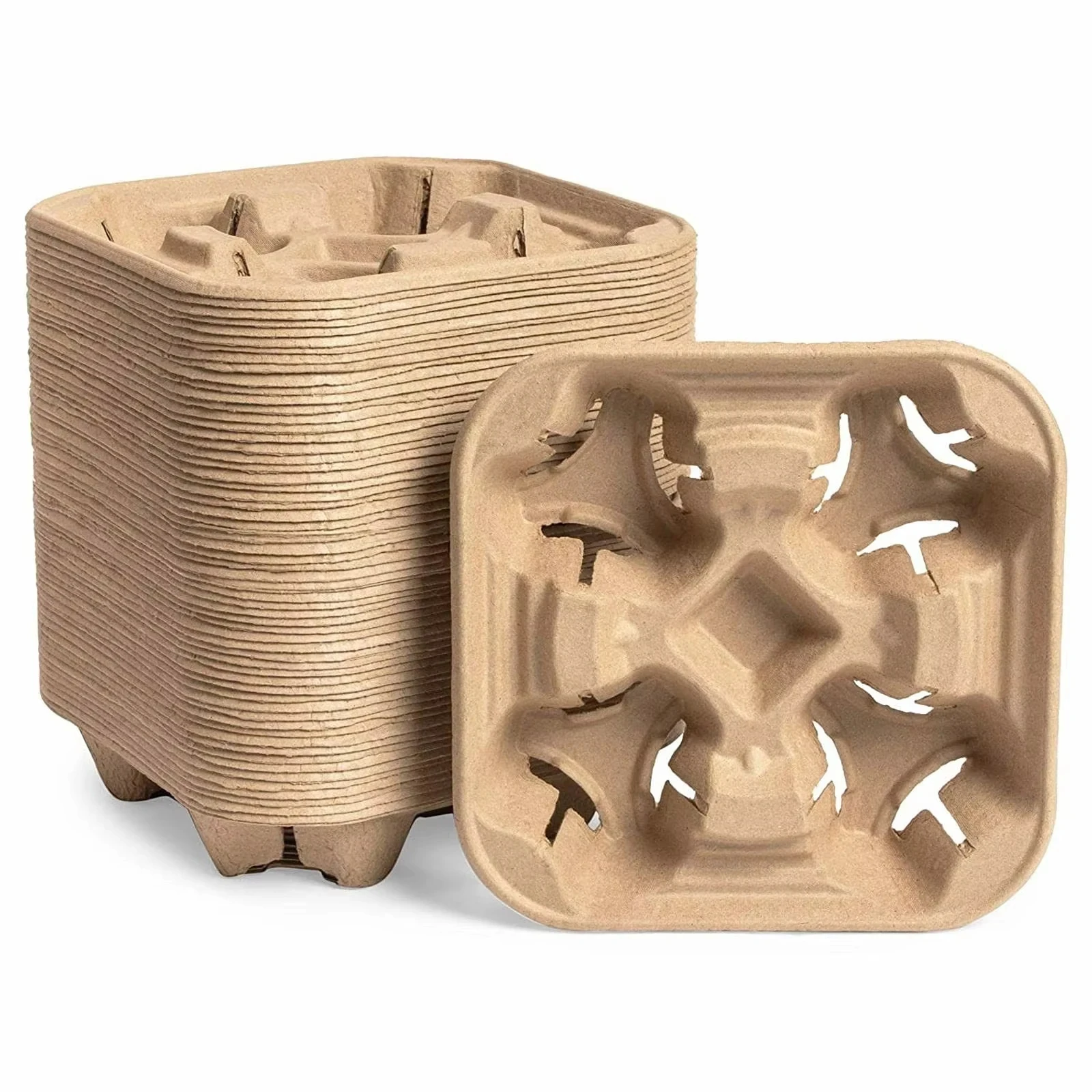 Paper Pulp Tray Foldable Kraft Corrugated Cardboard Retractable 4 Cup Disposable Sleeve Coffee Cup Holder Foldable Cup Carrier