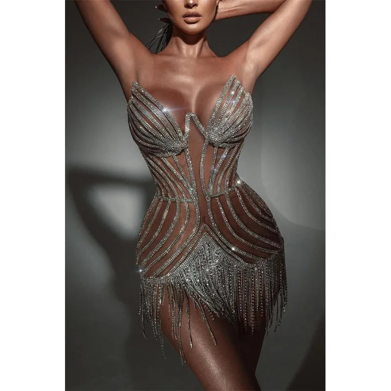 Женское платье со стразами и сапфирами Соблазнительный комплект из бюстгальтера трусиков с цепочкой